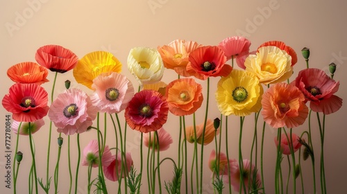   A row of diverse flowers in varying shades on a pink-beige backdrop  featuring a central green stem