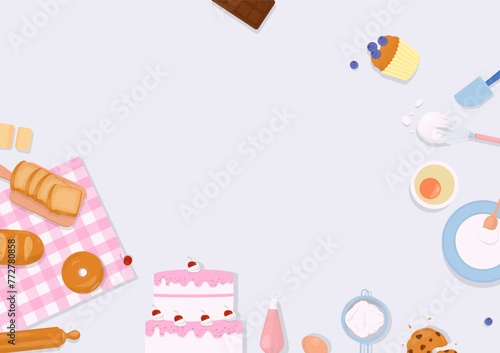 Cake and bread with baking utensils background