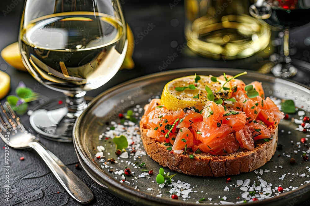 Raw salmon tartare with toast sauce and lemon paired with white wine on black background