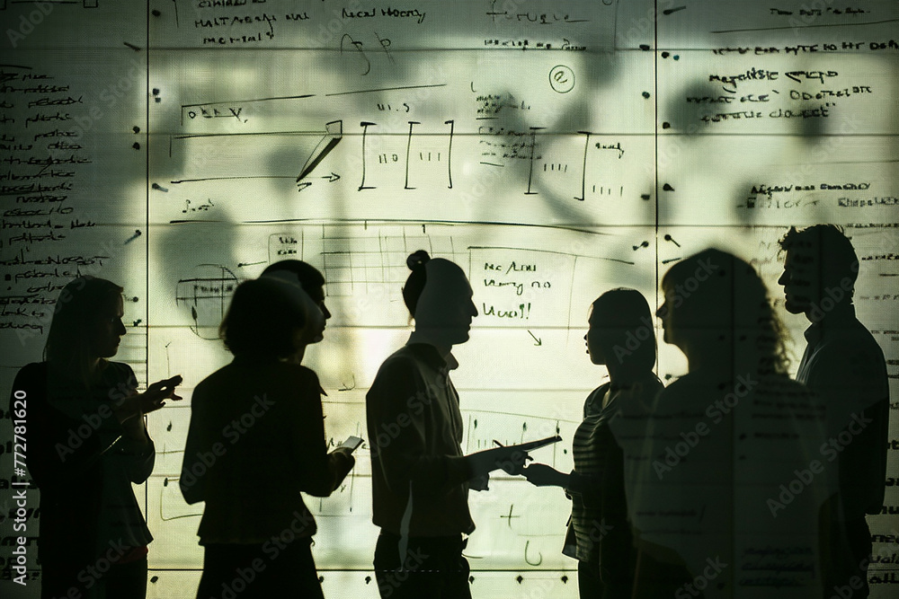 Shadows of professionals engaged in a brainstorming session, their figures outlined against a backlit wall adorned with motivational quotes.