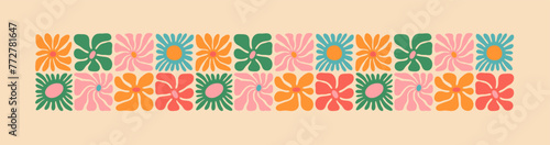 Colorful retro flower illustration set. Vintage style hippie floral clipart element design collection. Hand drawn nature collage, spring season drawing bundle with daisy flowers.