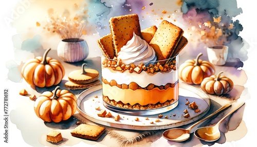 Watercolor Painting of Gingersnap-Pumpkin Dessert, in Thanksgiving Theme