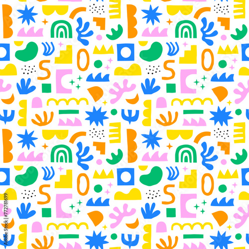 Abstract organic shape seamless pattern with colorful geometric doodles. Flat cartoon background, simple random shapes in bright childish colors. 