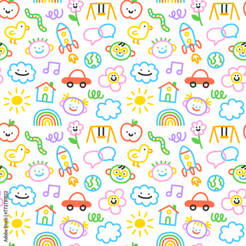Colorful funny children doodle icon seamless pattern. Cute happy kid drawing symbol wallpaper print, diverse education conept background illustration texture. © Dedraw Studio