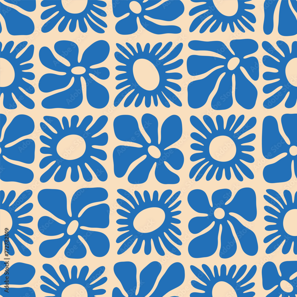 Vintage floral seamless pattern illustration. Blue flower background design. Geometric checkered wallpaper print, spring season nature backdrop texture with daisy flowers. - obrazy, fototapety, plakaty 