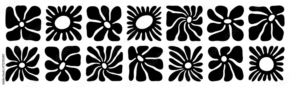 Black and white retro flower illustration set. Vintage style hippie floral clipart element design collection. Hand drawn nature collage, spring season drawing bundle with daisy flowers. - obrazy, fototapety, plakaty 