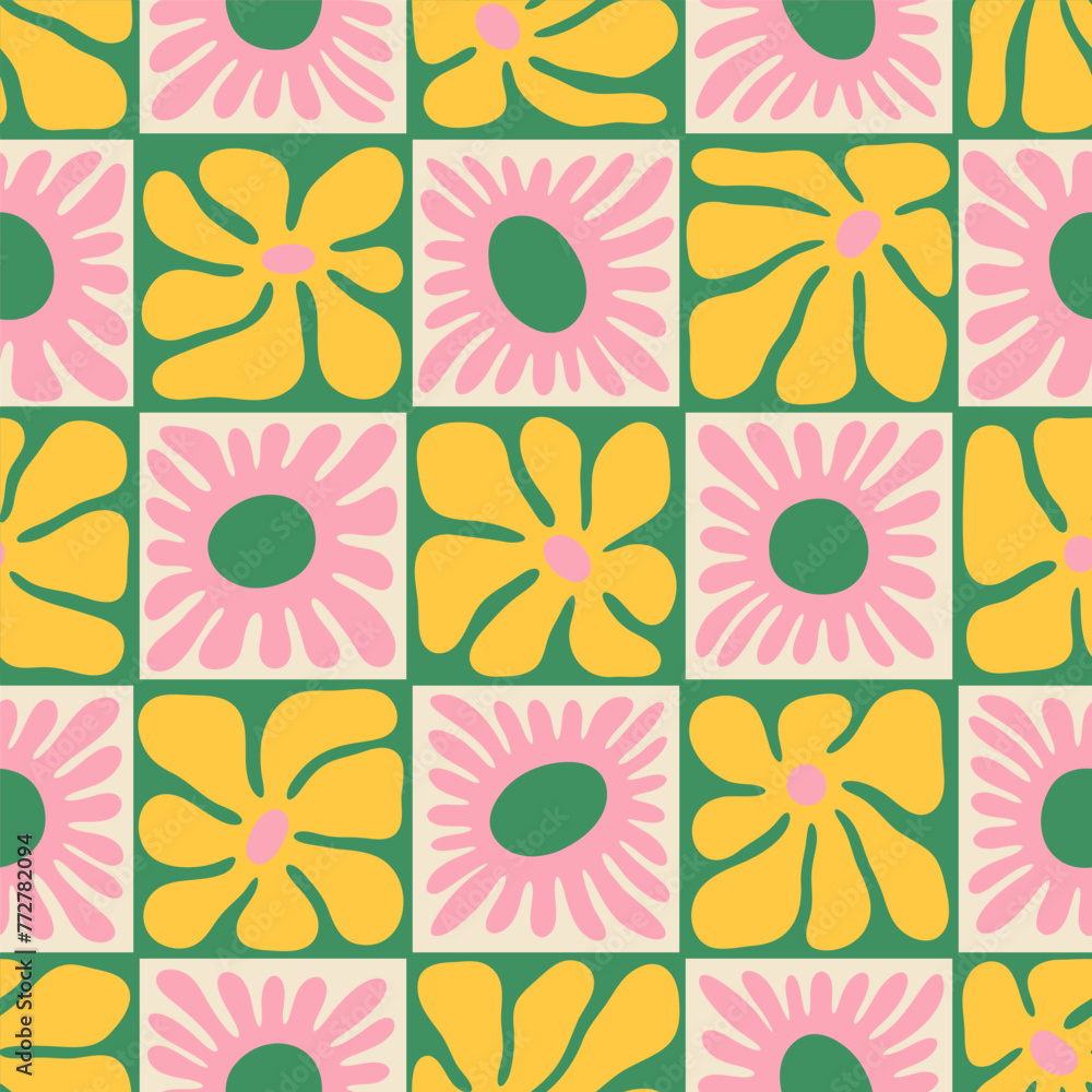 Colorful floral seamless pattern illustration. Vintage style hippie flower background design. Geometric checkered wallpaper print, spring season nature backdrop texture with daisy flowers. - obrazy, fototapety, plakaty 
