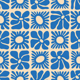 Vintage floral seamless pattern illustration. Blue flower background design. Geometric checkered wallpaper print, spring season nature backdrop texture with daisy flowers.