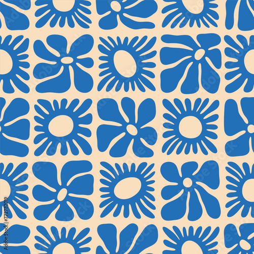 Vintage floral seamless pattern illustration. Blue flower background design. Geometric checkered wallpaper print, spring season nature backdrop texture with daisy flowers. © Dedraw Studio