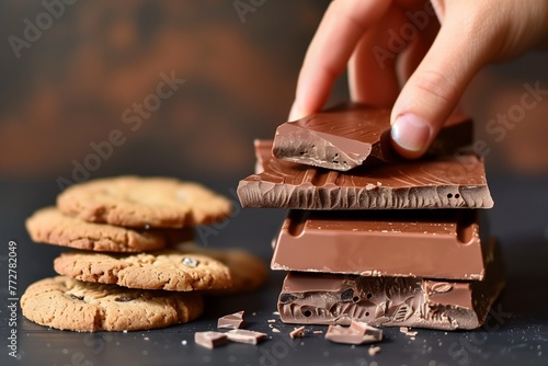 a stack of chocolate bars, cookies, and a hand picking one up