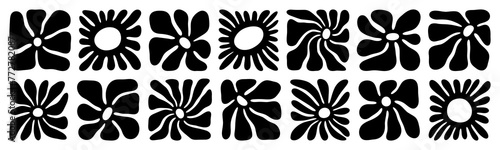 Black and white retro flower illustration set. Vintage style hippie floral clipart element design collection. Hand drawn nature collage, spring season drawing bundle with daisy flowers.