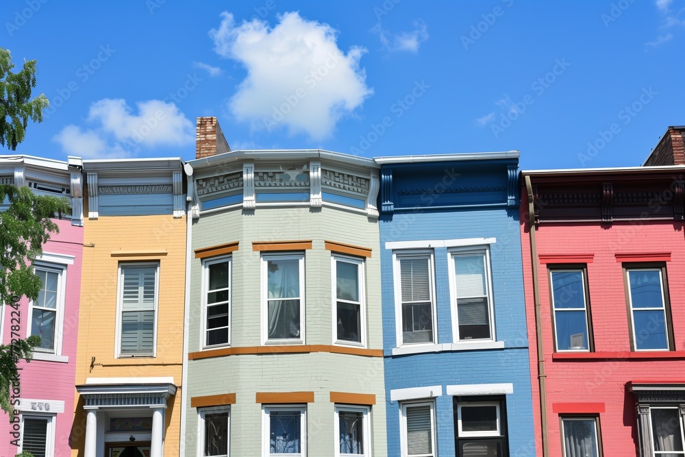 row of colorful townhouses with blue sky