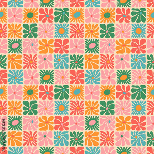 Colorful floral seamless pattern illustration. Vintage style hippie flower background design. Geometric checkered wallpaper print, spring season nature backdrop texture with daisy flowers.