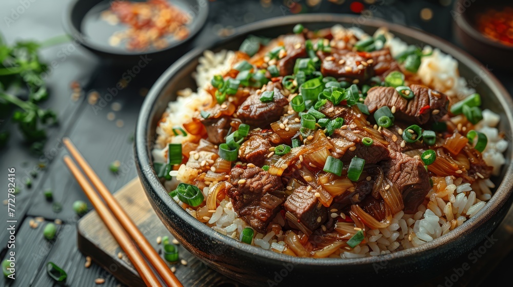   A bowl of beef and rice with chopsticks beside a bowl of chopsticks on a table
