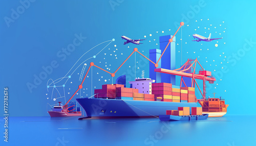 a vector digital art illustration of global container ships, cargo planes and the growth curve graph for sea pallets on a blue background.