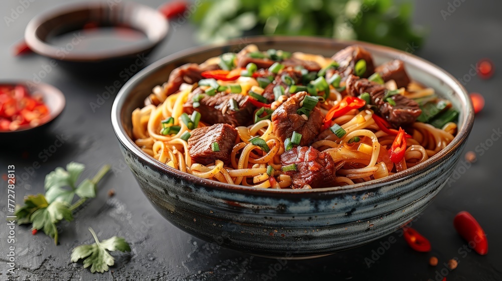 A close-up of a bowl of noodles with meat and vegetables on a table beside a small bowl of chili A close-up of a bowl of noodles with meat and vegetables on a table beside a small bowl of chili