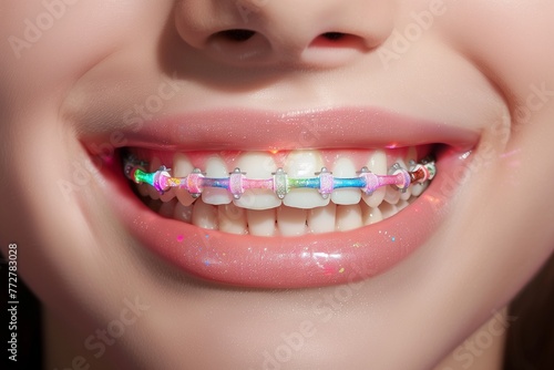 Envision a mesmerizing close-up of a teenage girl's smile, adorned with bright and colorful braces that sparkle against her impeccably white teeth.