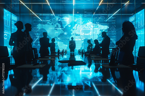 Silhouettes of businesspeople gathered around a backlit virtual conference table, their forms illuminated by the glow of digital avatars.
