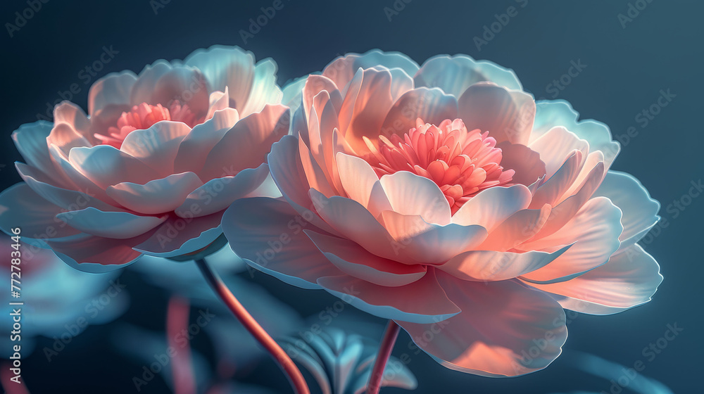 A couple of pink flowers resting on a blue vase atop a blue tablecloth-covered table A couple of pink flowers resting on a blue vase atop a blue tablecloth-covered table