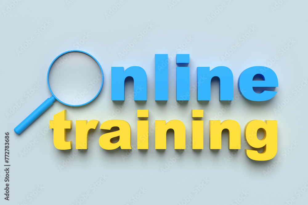 The word online training with a magnifying glass. The word online training with a magnifying glass.