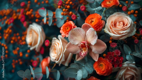  A close-up image of vibrant orange and pink flowers dominates the center and bottom of the frame