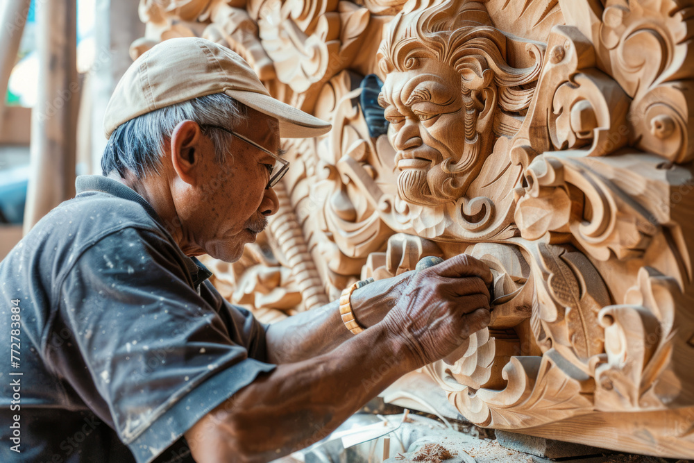 An artist skillfully carving a wooden artwork