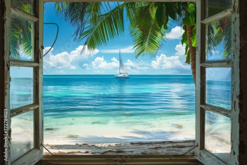 A captivating window vista of a tropical paradise, with palm-fringed beaches, crystal-clear turquoise waters, and the distant silhouette of a sailboat on the horizon, Generative AI © Formatikastd