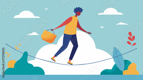 A person walking on a tightrope with a cushion underneath symbolizing the importance of selfcare and support to maintain balance in challenging