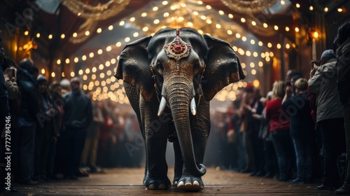 elephant stands on its hind leg at circus show