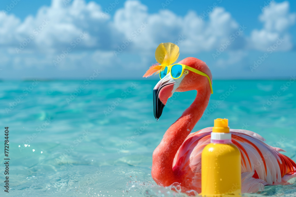 Flamingo with beach accessories and sunscreen on the water Flamingo with beach accessories and sunscreen on the water
