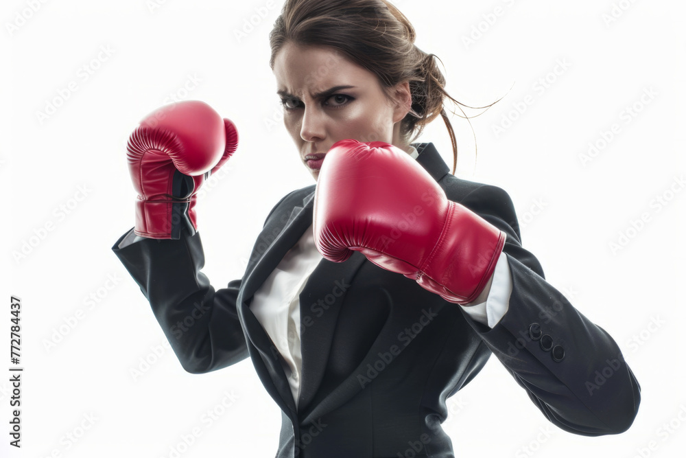 Businesswoman boxing concept, depicting a businesswoman in a suit punching with red boxing gloves, isolated on a white background Businesswoman boxing concept, depicting a businesswoman in a suit punching with red boxing gloves, isolated on a white background