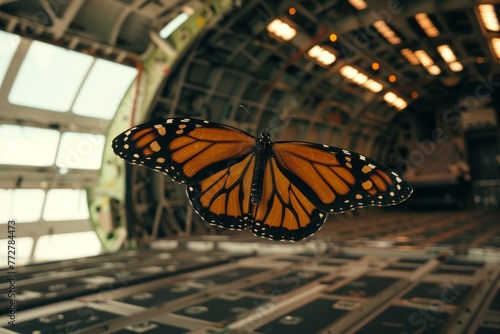 butterfly sits on an open airplanes cargo hold