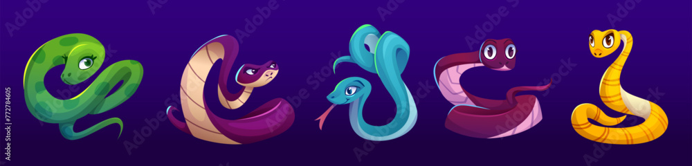 Fototapeta premium Cute and funny cartoon snake character vector. Happy python, cobra and viper reptile with long tail isolated set. Crawling tropical zoo animal baby kid image design. Wild zoology mascot collection