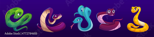 Cute and funny cartoon snake character vector. Happy python, cobra and viper reptile with long tail isolated set. Crawling tropical zoo animal baby kid image design. Wild zoology mascot collection © klyaksun