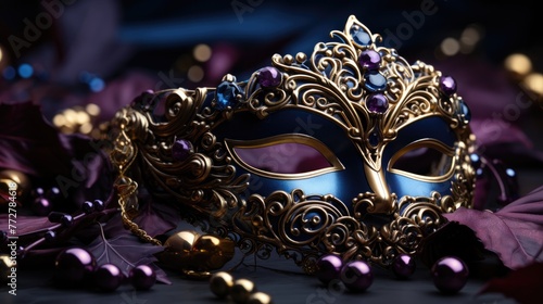 Mardi Gras carnival mask on dark purple background.