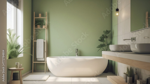 modern minimalist interior of a cozy bathroom in olive color. The concept of a bathroom in a hotel or apartment after renovation