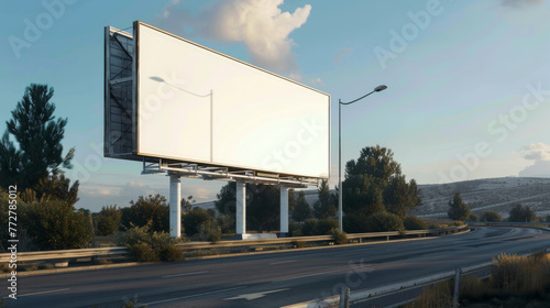 A large billboard is on a road with trees in the background