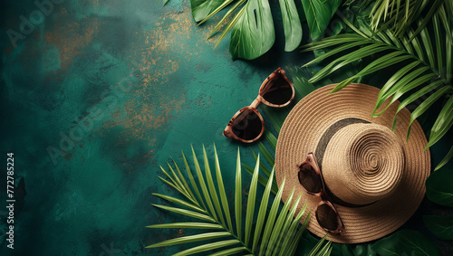 Summer vacation flat lay with straw hat, sunglasses, and tropical palm leaves on a textured teal background. Travel and leisure concept with copy space for design and print, generative ai