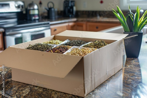 cardboard box with assortments of teas on kitchen counter © studioworkstock