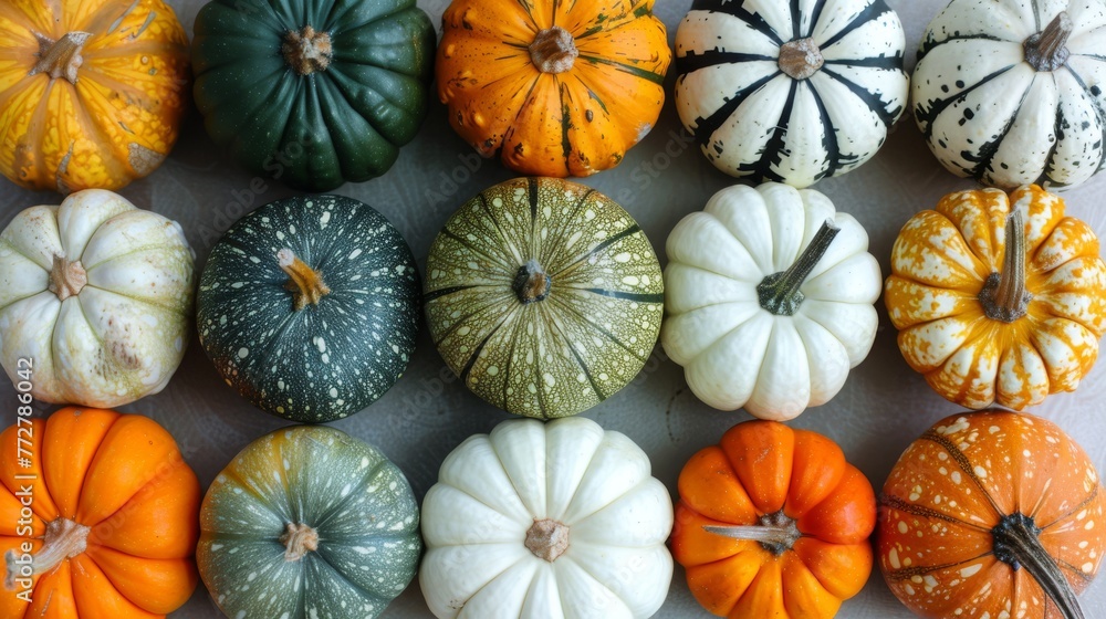 A cluster of pumpkins arranged together on a white background, featuring orange and green varieties centrally A cluster of pumpkins arranged together on a white background, featuring orange and green varieties centrally
