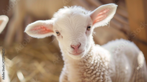 A baby lamb is looking at the camera with its ears up