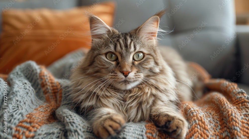   A feline lounging on a bedspread covering a sofa adjacent to an armchair with a cushion
