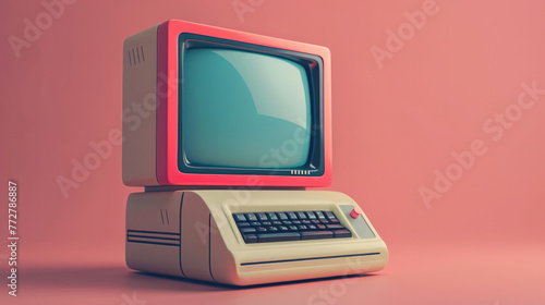 A computer monitor with a keyboard is sitting on a pink background photo