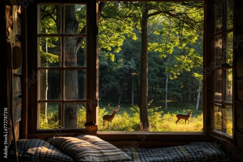 A cozy window seat overlooking a peaceful woodland glade, with dappled sunlight filtering through the trees, and a family of deer grazing in the clearing below, Generative AI