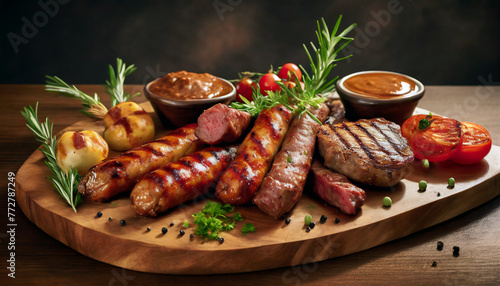 a variety of cooked barbeque meats on a wooden board with garnish photo