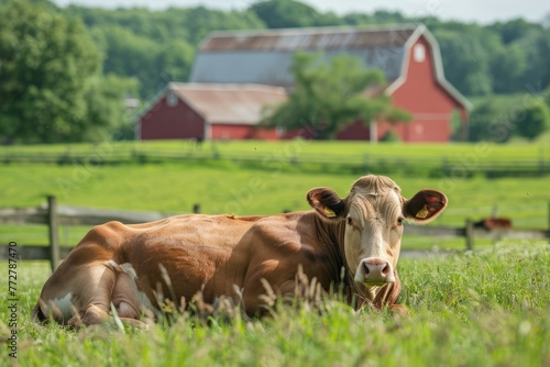 A contented cow lying in a green pasture, chewing cud with a traditional red barn in the background, capturing the timeless connection to dairy production.