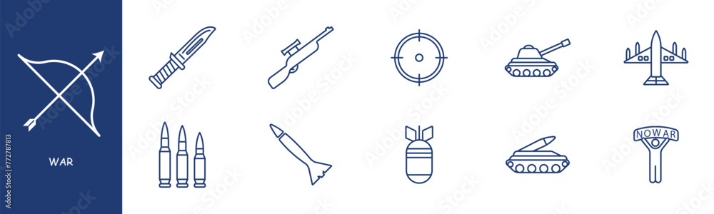 War set line icon. Knife, sight, rifle, tanks, equipment, bomb, rocket, cartridges. Pastel colors background Vector line icon for business and advertising War set line icon. Knife, sight, rifle, tanks, equipment, bomb, rocket, cartridges. Pastel colors background Vector line icon for business and advertising