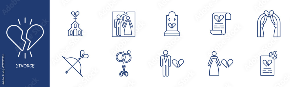 Divorce set line icon. Church, document, veil, rings, priest, ritual, Cupid. Pastel colors background Vector line icon for business and advertising Divorce set line icon. Church, document, veil, rings, priest, ritual, Cupid. Pastel colors background Vector line icon for business and advertising