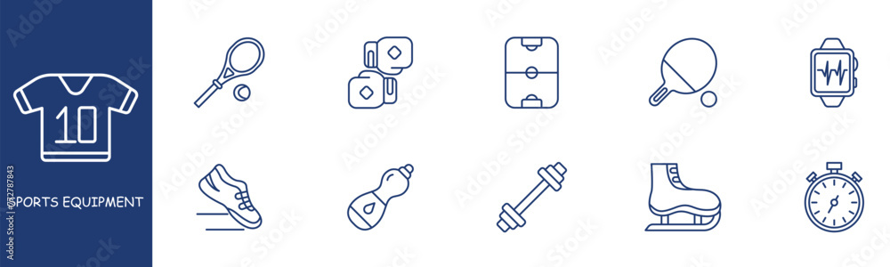 Sports equipment set line icon. Gloves, boxing, tennis, field, stopwatch, water, dumbbell. Pastel colors background Vector line icon for business and advertising