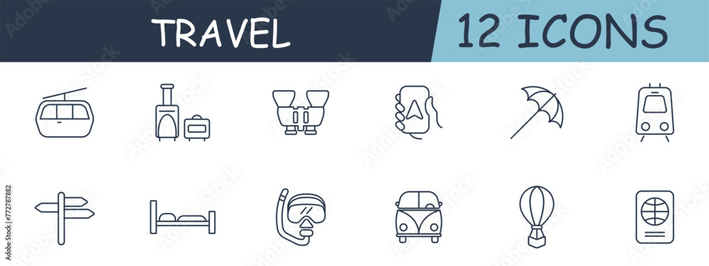 Travel set line icon. Umbrella, train, binoculars, bed, GPS, smartphone, passport, document. 12 line icon. Vector line icon for business and advertising